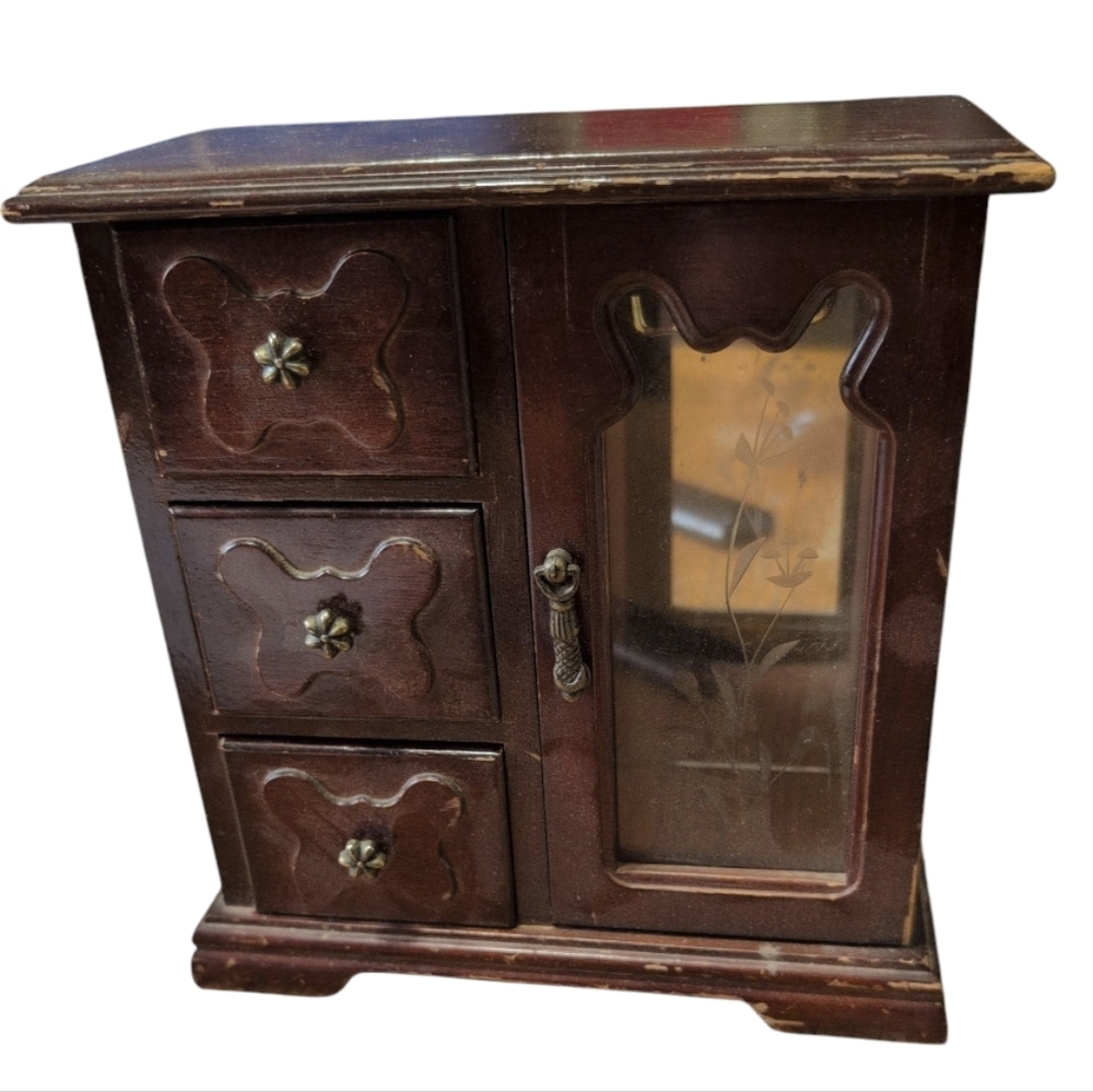 Vintage Wooden Jewelry Box Armoire 3 Drawer Cabinet Glass Door Floral Etched